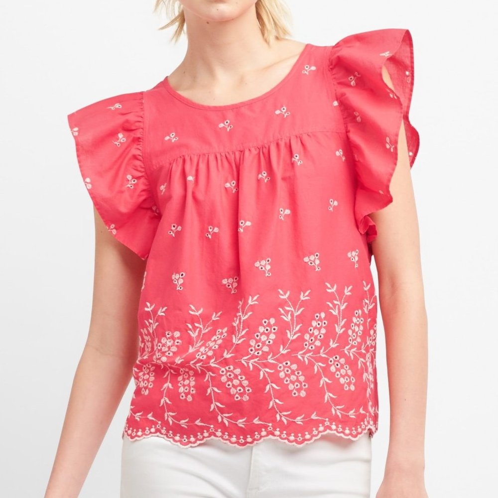 GAP Red Eyelet Embroidery Flutter Sleeve Top sz M